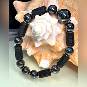 GUNPOWDER HEMATITE + BLACK TURMALINE  NATURAL STONES BRACELET size 7.5”